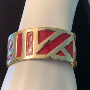 Vintage Dark Pink Enamel Gold Tone Geometric Cuff Bracelet